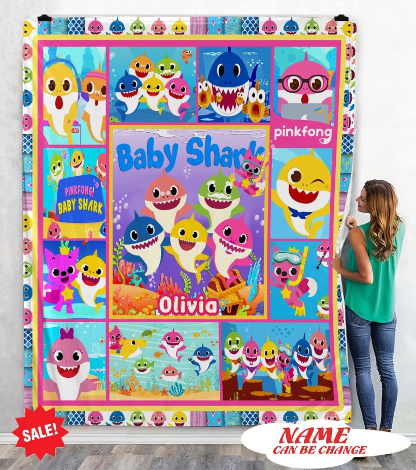 Personalized Baby Shark Quilt Blanket Baby Shark Family Blanket Custom Name Kids Quilt Baby Shark Kids Blanket